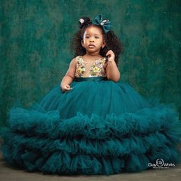 2021 Hunter Green Lace Flower Girl Dresses Ball Gown Sheer Neck Tulle Lilttle Kids Birthday Pageant Weddding Gowns 221W