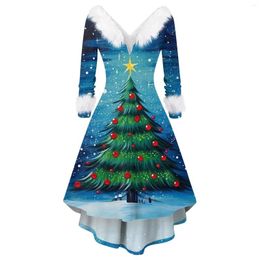 Casual Dresses Women'S Slim Christmas Dress Long Sleeve Snowman Print Faux-Plush V Neck Oversized Asymmetrical Party