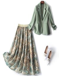 2022 Spring Long Sleeve NotchedLapel Green Solid Colour SingleButton Blazers Coat Tulle Floral Print MidCalf Skirt Two Piece S195693756421