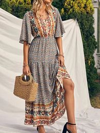Women Boho Retro Print Long Dress Short Sleeve VNeck High Waist Dresses Summer Beach Holiday Sundress Ethnic Style Vestido 240513