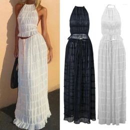 Work Dresses Crop Top Long Skirt Suit Women's Lace-up Halter Neck Maxi Set With See-through Shirring Backless For Summer