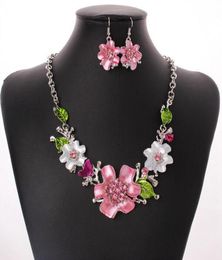 3Set Europe and America fashion sweet temperament Enamel Flowers With crystal Necklaces Earrings Sets Ms Jewellery gift2042425