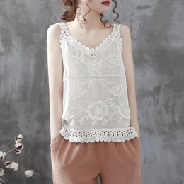 Women's Tanks Casual Top Stylish Summer Tank Tops V-neck Sleeveless Blouses With Embroidery Lace Pattern Printed Pleated Loose