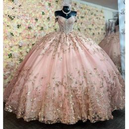 Dresses Princess Pink Quinceanera Dresses Birthday Party Robe Short Sleeve Beaded Sparkly Laceup Corset Puffy Skirt vesridos de