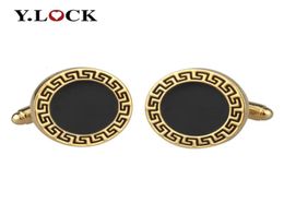 Cuff Links Vintage Decorative Pattern Cufflinks Black Enamel Epoxy Round Plated Golden Men Cufflinks Festival Gift Whole Custo3231720