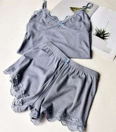 Two Piece Cotton Pajamas Set for Women Sexy Lace Top And Shorts Pajama Sets Spaghetti Strap Sleepwear High Elastic Woman Clothes 26283855