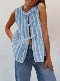 Women's Tanks Striped Tank Tops Summer Loose Round Neck Front Tie Up Ruffled Sleeveless Blouse Female Fit Camis Streetwear Y2K