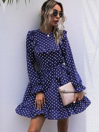 Casual Dresses 2024 Autumn Elegant Blue Polka Dot Women's Exquisite Dress With European And American Design Long Sleeve Midi Skirt