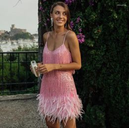 Casual Dresses Sexy VNeck Fringed Sequined 3D Feather Stitching Pink Dress Harajuku Bright Silk Tassels Party Bead Bandage Vestid2228866