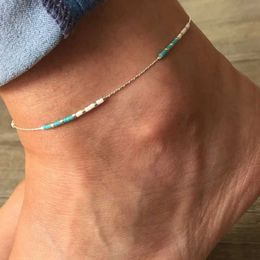 Anklets Bohemian Turquoise Bead Necklace Womens Vintage Handmade Colored Bead Necklace Bracelet Leg Beach Jewelry d240517