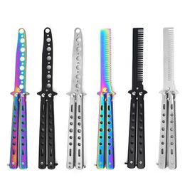 2024 1pcs Foldable Comb Stainless Steel Practise Training Butterfly Knife Comb Beard Moustache Brushes Hairdressing Styling Toolfor Stainless Steel Comb