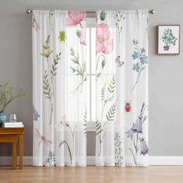 Window Treatments# Flower Leaf Green Red Ladybug Tulle Curtains for Living Room Kitchen Bedroom Sheer Tulle for Cafe Hotel Modern Home Decor Y240517