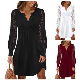 Casual Dresses Women's Fashion Lace Splice Dress Long Sleeve O Neck Button Temperament Sling Vintage Floral Beach