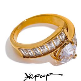 Band Rings Yhpup Advanced Colourful Shiny Cubic Zirconia Stainless Steel Gold Luxury R18K Tinned Fashion Finger Jewellery Womens J240516