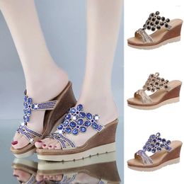 Sandals Low Heel Wedges For Women Closed Toe Slip-On Rhinestone Summer Breathable Slippers