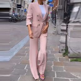 Tesco Pink Blazer And Wide Leg Pants For Women Suit Sets Classic Double Breasted Jacket 2 Piece Casual Women's Pantsuit