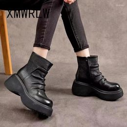 Boots XMWRLW Women's Autumn Ankle Retro Style Ladies Genuine Leather Handmade Thick Sole Non-Slip Women Shoes