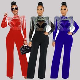 Womens Stage Dinner Jumpsuit Solid Colour High Collar Diamond Mesh Shoulder Cotton Long Sleeved Straight Tube Party 240510