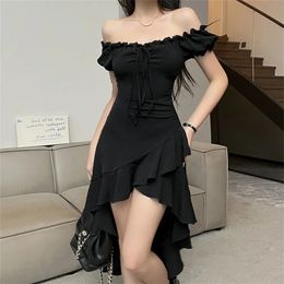 Korean Fashion Black Slash Neck Dresses for Women Sexy Irregular Ruffles Summer Dress Classy Lady Evening Party Vestidos 240517