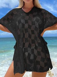 Colors Hollow Out Short Sleeve Crochet Knitted Tunic Beach Cover Up Cover-ups Dress Wear Beachwear Female K4734