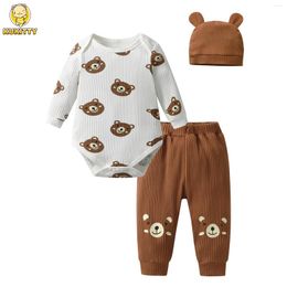 Clothing Sets Casual Born Infant Baby Boy Clothes Set Knitted Long Sleeve Bear Printed Bodysuit Top And Pants Spring Autumn Outfit For Boys