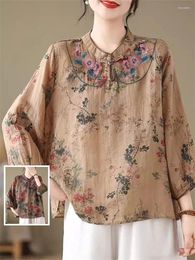 Women's Blouses Retro Thin Ramie Embroidered 3/4 Sleeve Shirt Oversized Clothing Chinese Style Stand Collar Casual Summer Top K1074