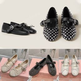 Crystals Leather Ballerinas Ballet Flats Shoes Bow Designer Sandals Women New Lolita Office Shoes Designer Luxury Shoes Top Mirror Quality Woman Whitedress Shoes
