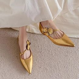 Casual Shoes 2024 Summer Metal Flowers Mary Jane Women Pointed Single Spring Gold Line With Flat Heel