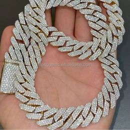 Handcrafted 15Mm 18Mm Width Three Row VVS Moissanite Sterling Sier Mens Diamond Link Necklace Cuban Chain