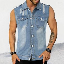 Men's Casual Shirts Fashion Mens Denim Vest Spring Summer Lapel Button Sleeveless Shirt Men Streetwear Vintage Ripped Tank Tops