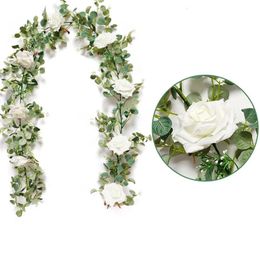 Artificial Eucalyptus Garland with White Rose Peony Vine Strands for Wedding Birthday Party Home Garden Decoration 240517