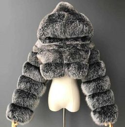 Women Fashion Winter Faux Fur Cropped Coat Fluffy Zip Hooded Warm Short Jacket C09251933654