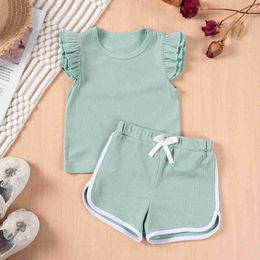 Clothing Sets Preschool girls solid pleated clothing set cute girl flying top+shorts 2PCS set childrens casual cute set WX