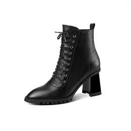 Boots Mstyle Genuine Leather Stylish Front Band Handmade Women's Ankle Block Heel Side Zip Selftie Winter Autumn 2024 Boot