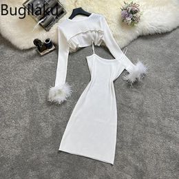 Work Dresses Bugilaku Solid Colour Slim Fit Feathers Patchwork 2 Piece Sets Womens Outfits Long Sleeve Crop Tops Simple Inside A-line Dress