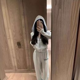 Women's Suits & Blazers Mm Family 24ss New Letter Bead Zipper Hooded Top+casual Pants Fashion Set