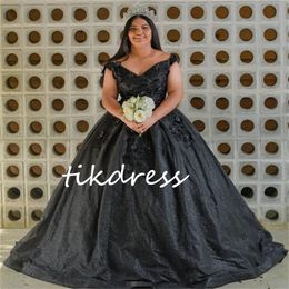 Plus Size Mexican Black Quinceanera Dresses 2024 Sexy V Neck 3D Florals Vestios De 15 Xv Anos Charro Glitter Sweet 15 Sixteen Birthday Dress Custom Ball Gown Prom Dress