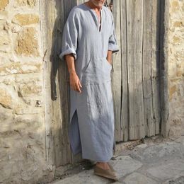 Men's Casual Shirts Plus Size S-5XL Muslim Robe V-neck Soild Cotton/Linen Pockets Loose Long Sleeve Vintage Arab Ethnic Islamic Dress