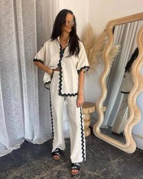 Women's Two Piece Pants 2 Pcs Set Wave Lace Patchwork Shirt Suit Single Breasted Lapel Short Sleeve Top And Wide Leg Trousers Outfits