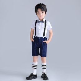 Boys Plaid Patterned Bib Pants Children's Performance Dress Set (Shirt + Pants + Bib + Bow Tie)