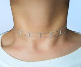 925 sterling silver double chain choker micro pave cz bar choker fashion delicate chain women ladies gift silver choker necklace7586736