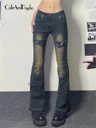 Women's Jeans Cuteandpsycho Low Waisted Denim Flare Vintage Y2K Aesthetic 2000s Trousers Harajuku Retro Chic Grunge Cotton Bottoms