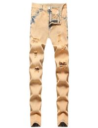 Slim Fit Casual Ripped Jeans 2022 Men039s Dyed Yellow Midwaist Denim Trousers Street Style Vintage Youth Cool Pant Size 28422352400