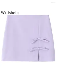 Skirts Women Fashion Purple Bow Front Slit Side Zipper Mini Skirt Vintage High Waist Female Chic Lady