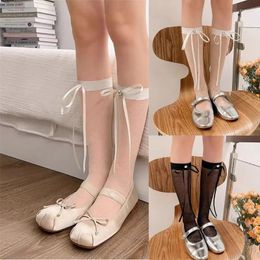 Women Socks Korean Sweet Rhinestones Bowknot Sheer Mesh Over Calf Elegant Rose Jacquard See Through Silk Stockings