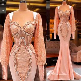 Plus Size Arabic Aso Ebi Luxurious Mermaid Sexy Prom Dresses peach pink Lace Beaded Long Sleeves Evening Formal Party Second Reception 310M