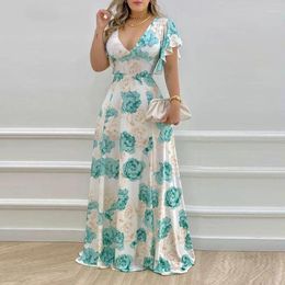 Casual Dresses 2024 Summer Floral Print Flare Short Sleeve V-Ncek Maxi Dress Women Plus Size White Vacation Vestidos