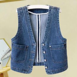 Women's Vests Women Vest Jacket V Neck Retro Style Stylish Denim With Patch Pockets Single-breasted Cardigan For Streetwear