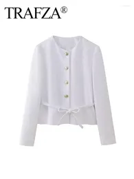 Women's Suits TRAFZA Female Fashion Casual Coats White O-Neck Long Sleeves Lace-Up Decoration Single Breasted Spring Blazers Woman 2024