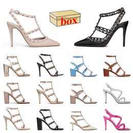 Fashion Designer Sandals Lady Sexy High Heels Rivet Pointed Manual Customized Slides Luxury Womens Leather Platform Wedges Heel Pumps With Box Silver Pink Slippers
